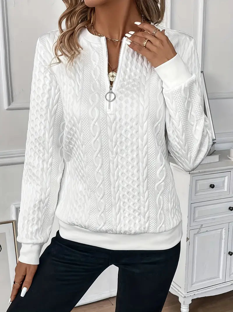 Women's Cable-Knit Zip Sweater with Ribbed Cuffs