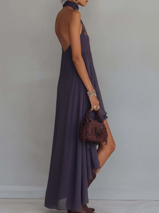 Emma - Retro Halter Neck Irregular Ruffle Maxi Dress