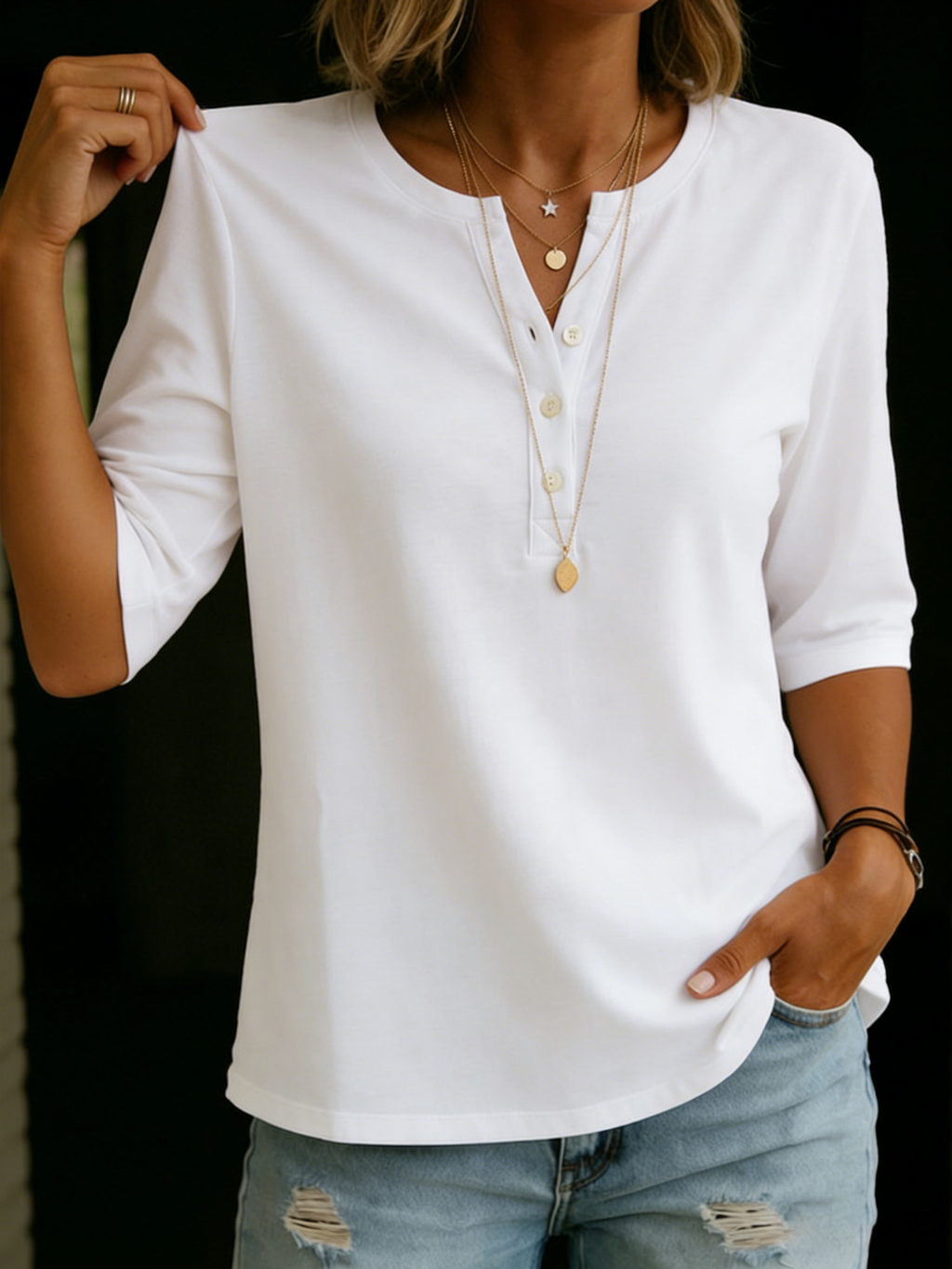 Ivy - Classic Henley Collar 100% Cotton T-shirt