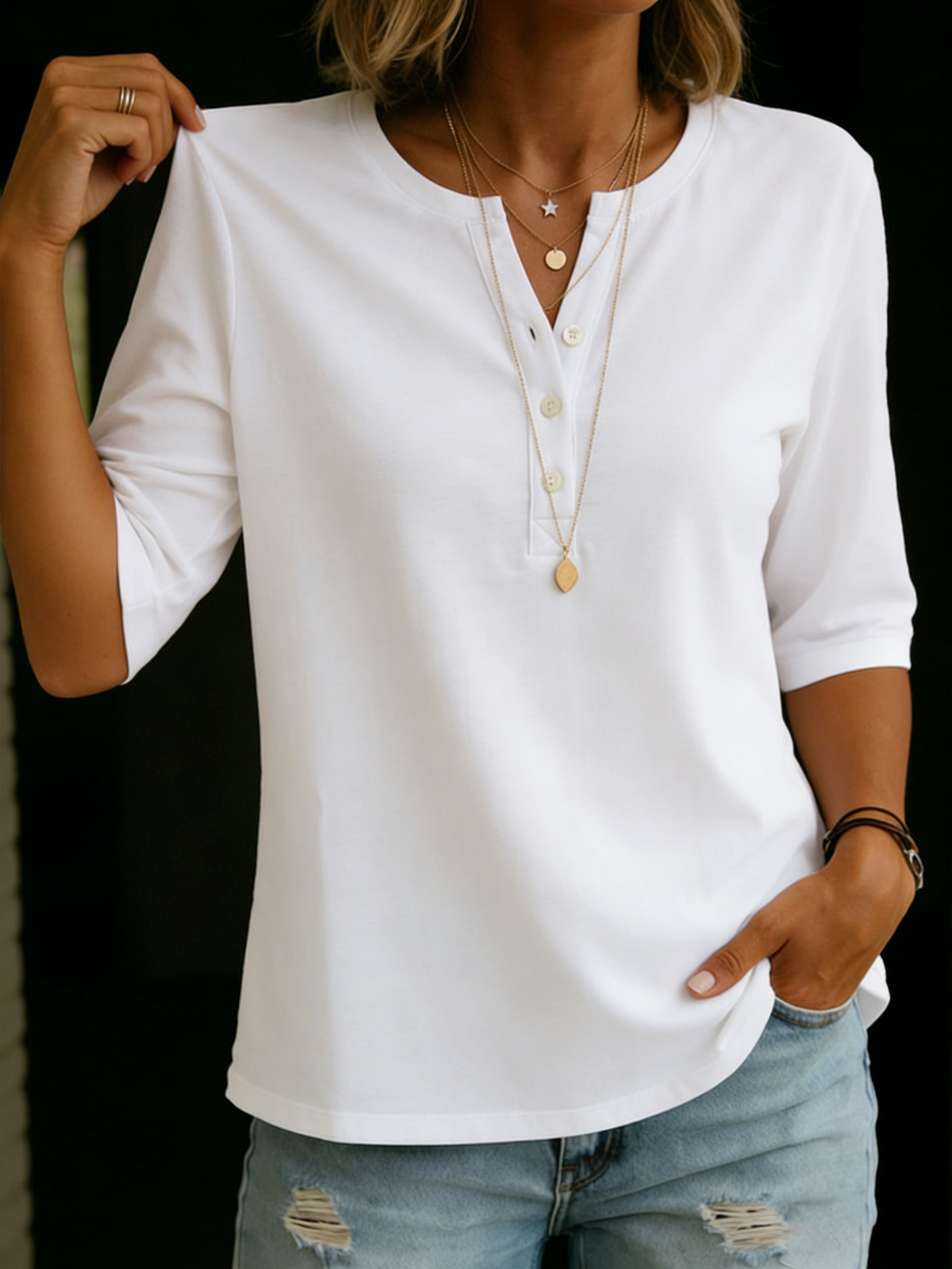 Ivy - Classic Henley Collar 100% Cotton T-shirt