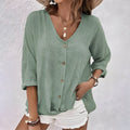 Button Detail V-Neck Blouse Women Loose Fit