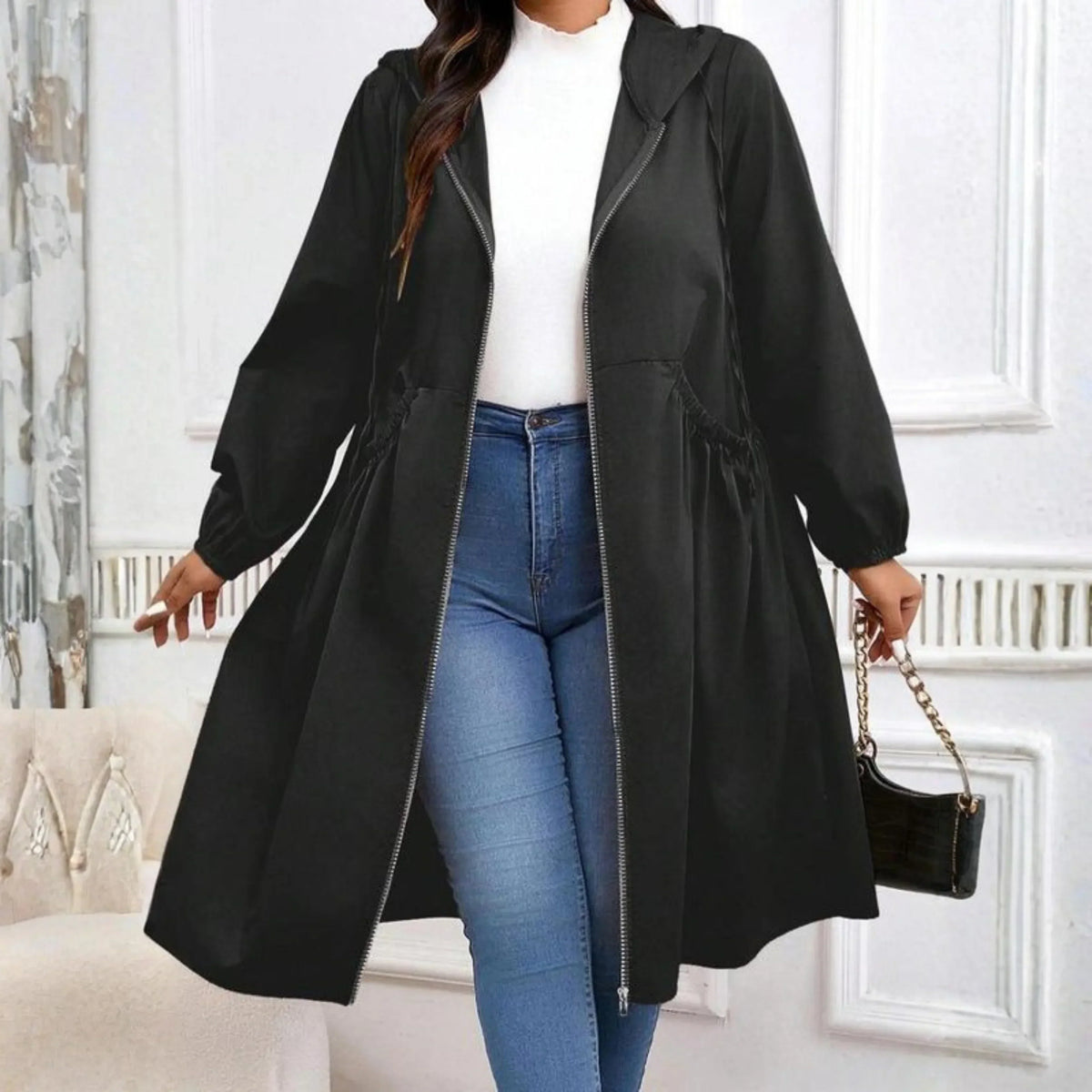 Women's Hooded Zip-Through Longline Coat with Pockets