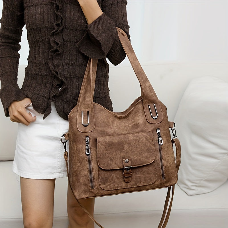 Women's Vintage Shoulder Bag with Front Flap and Zip Pockets