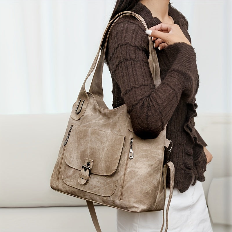 Women's Vintage Shoulder Bag with Front Flap and Zip Pockets