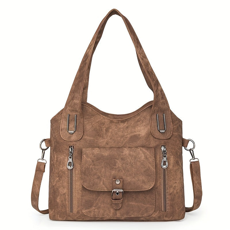Women's Vintage Shoulder Bag with Front Flap and Zip Pockets